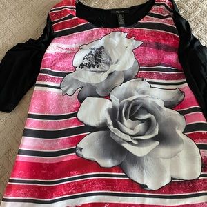 Red, pink, white striped top with roses